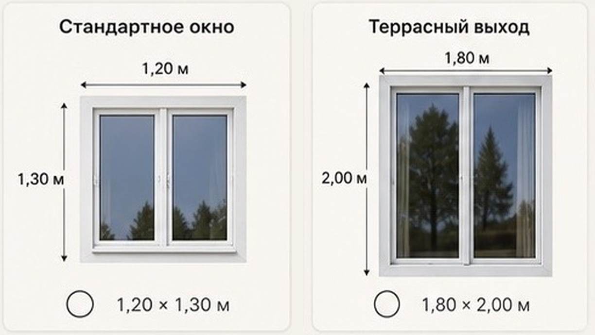 Стандартные окна без окна в гараж: 1,20 × 1,30 м и 1,80 × 2,00 м